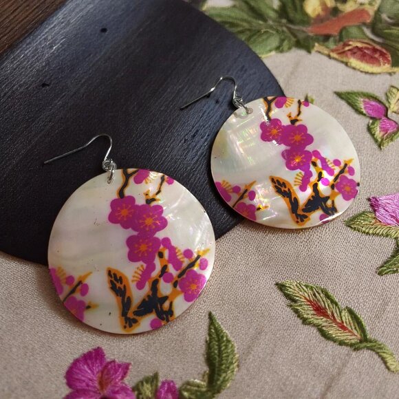 Homemade Jewelry - Large Round Mother Of Pearl Dangle Earrings Pink Floral Print Fishhook Boho